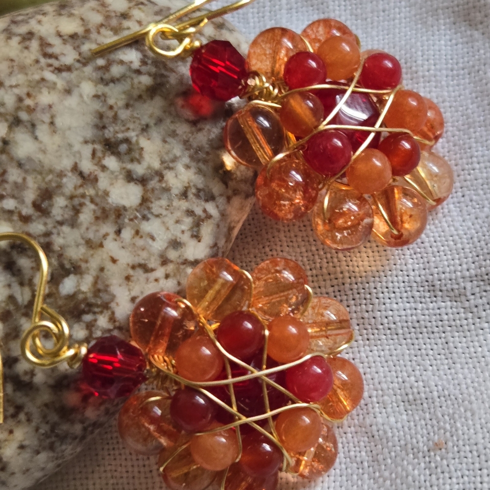 Vibrant Gold and Red Cluster Earrings